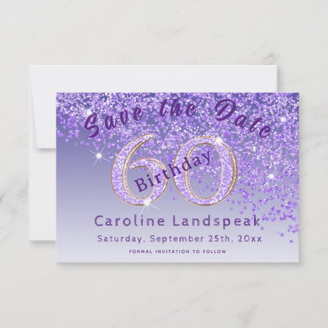 Falling Purple Glitter for 60th Birthday  Save The Date (Front)