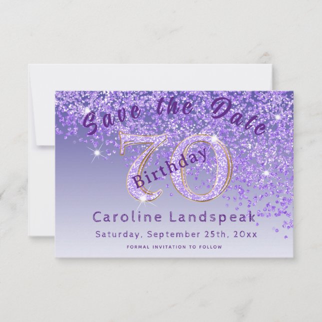 Falling Purple Glitter for 70th Birthday  Save The Date (Front)