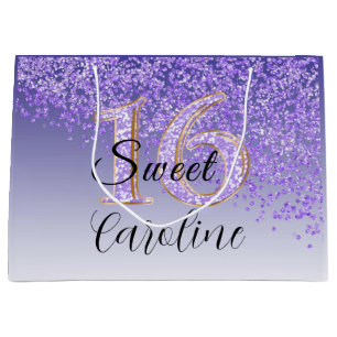 Falling Purple Glitter Sweet 16 Birthday Large Gift Bag