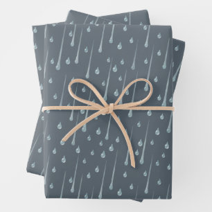 Falling Raindrops Cute Rainy Day Dark Grey Wrapping Paper Sheet