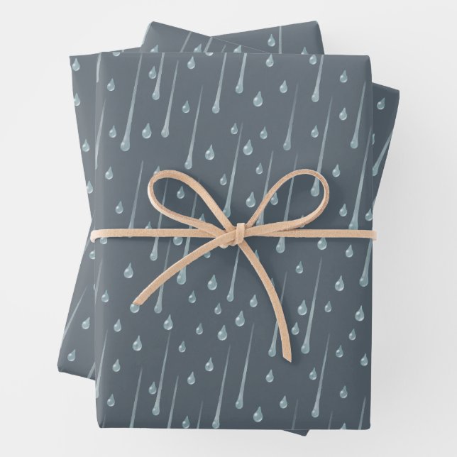 Falling Raindrops Cute Rainy Day Dark Grey Wrapping Paper Sheet (In situ)