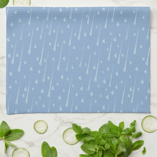 Falling Raindrops Cute Rainy Day Dusky Blue Kitchen Towel (Folded)