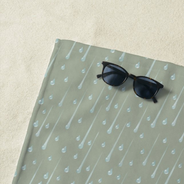 Falling Raindrops Cute Rainy Day Olive Green Beach Towel (In Situ)