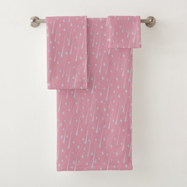 Falling Raindrops Cute Rainy Day Rose Pink Bath Towel Set (Insitu)