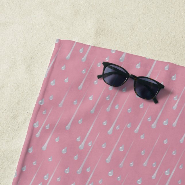 Falling Raindrops Cute Rainy Day Rose Pink Beach Towel (In Situ)