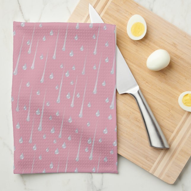 Falling Raindrops Cute Rainy Day Rose Pink Kitchen Towel (Quarter Fold)