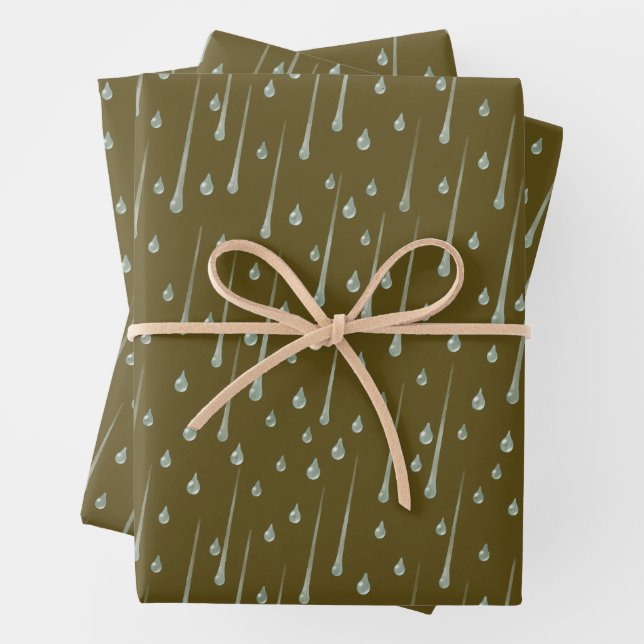 Falling Raindrops Cute Rainy Day Sepia Brown Wrapping Paper Sheet (In situ)