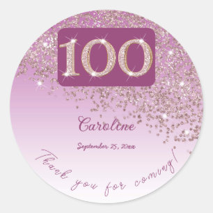 Falling Rose Gold Glitter, 100th Birthday Thanks Classic Round Sticker