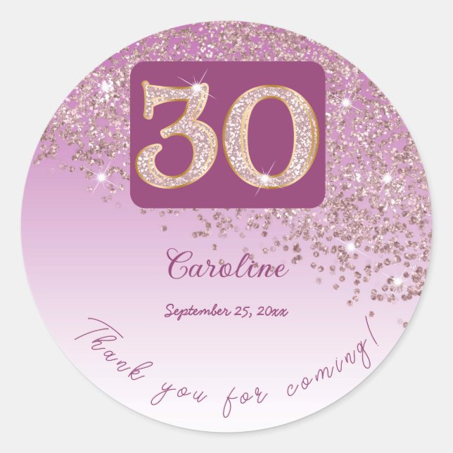 Falling Rose Gold Glitter, 30th Birthday Thanks Classic Round Sticker (Front)