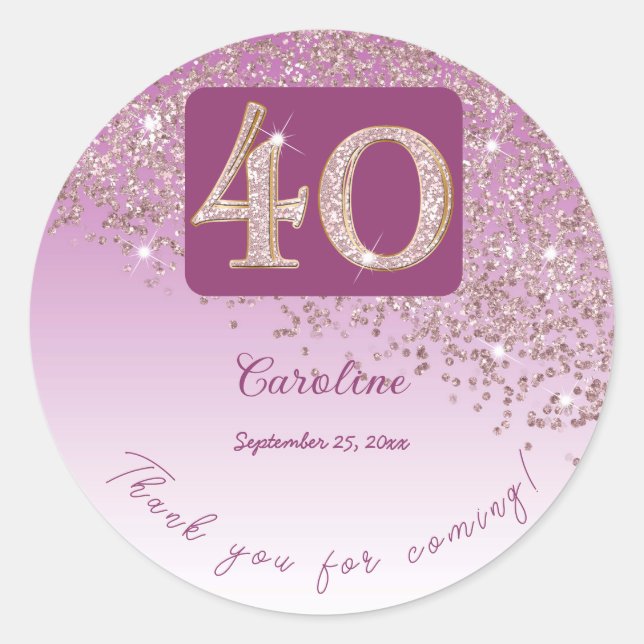 Falling Rose Gold Glitter, 40th Birthday Thanks Classic Round Sticker (Front)