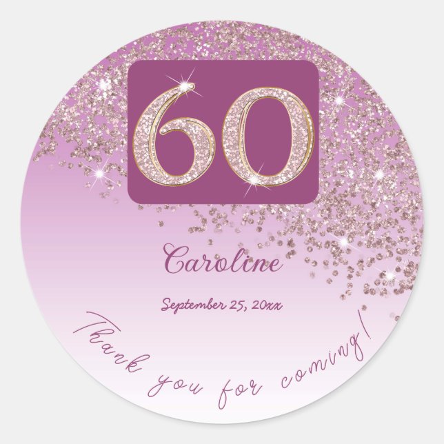 Falling Rose Gold Glitter, 60th Birthday Thanks Classic Round Sticker (Front)