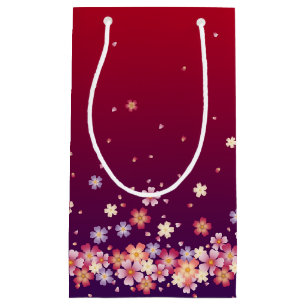 Falling Sakura Blossoms Dark Red & Plum Purple  Small Gift Bag