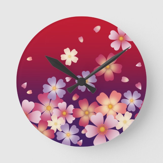 Falling Sakura Blossoms Japanese Red & Purple Round Clock (Front)