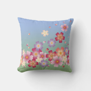 Falling Sakura Blossoms Kimono Style Blue & Green Throw Pillow