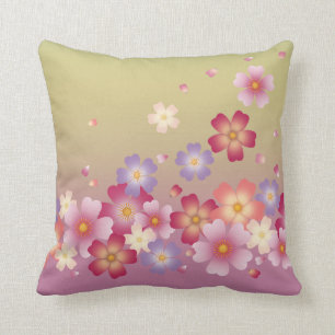 Falling Sakura Blossoms Kimono Style Pink & Green Throw Pillow