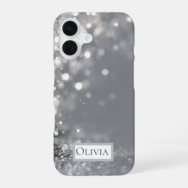 Falling Silver Confetti on Grey iPhone 16 Case (Back)