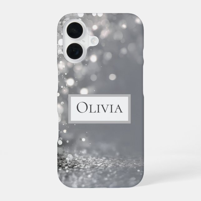 Falling Silver Confetti on Grey iPhone 16 Case (Back)
