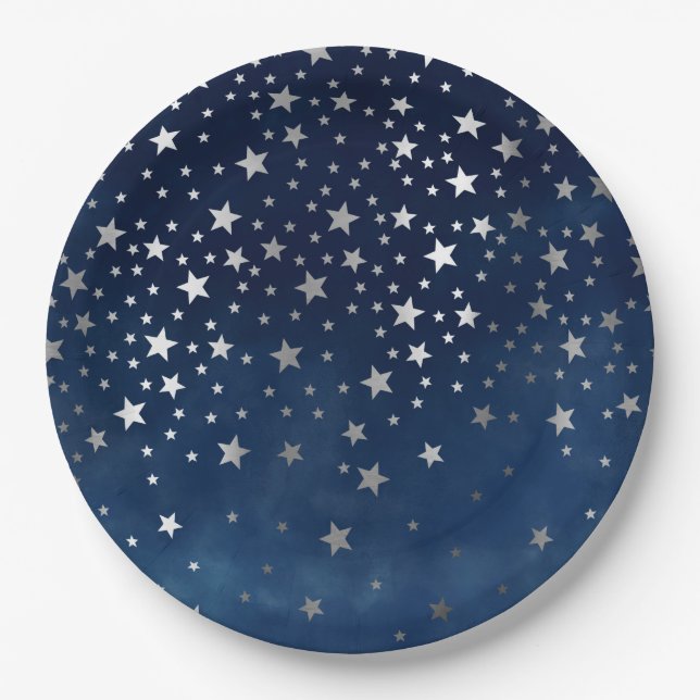 Falling Silver Stars Celestial  Paper Plate (Front)