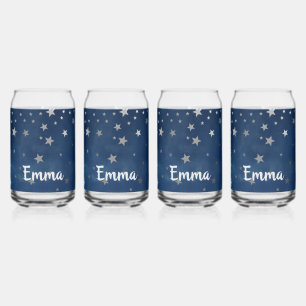 Falling Silver Stars Celestial Personalized Can Glass