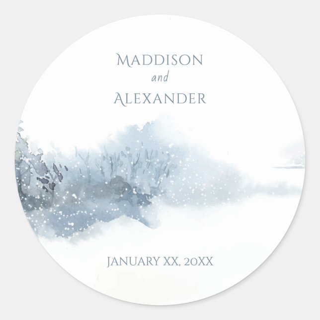 Falling Snow Blue and White Wedding Classic Round Sticker (Front)