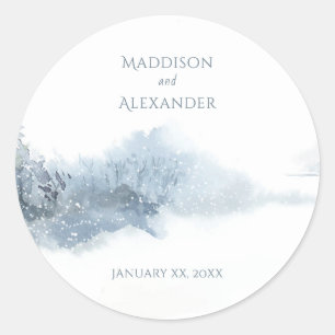 Falling Snow Blue and White Wedding Classic Round Sticker