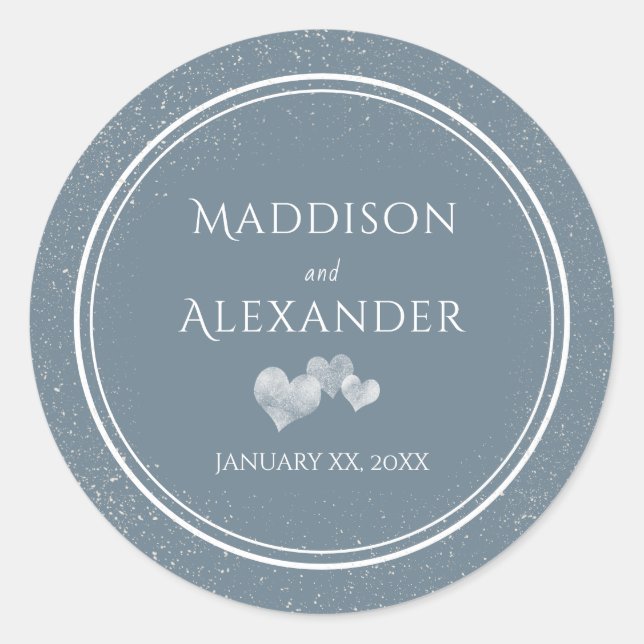 Falling Snow, Blue and White Wedding Classic Round Sticker (Front)