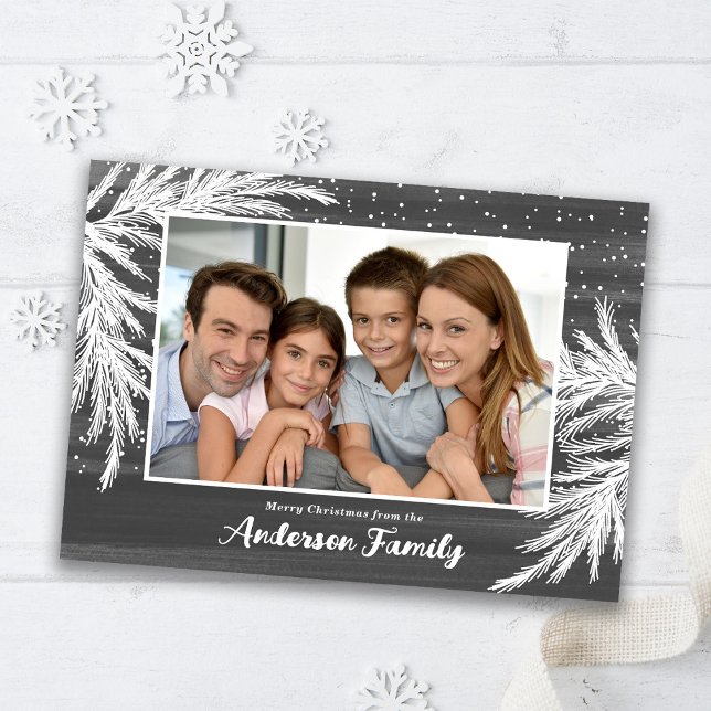 Falling Snow Evergreens Grey Photo Christmas Holiday Card (Creator Uploaded)