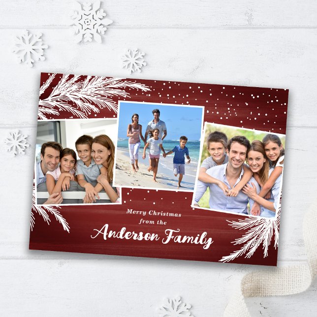 Falling Snow Evergreens Red 3 Photos Christmas Holiday Card (Creator Uploaded)