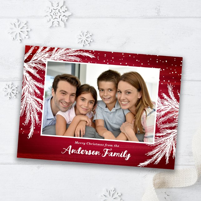 Falling Snow Evergreens Red Photo Christmas Holiday Card (Creator Uploaded)