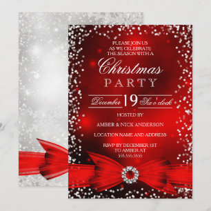 Falling Snow Red White Bow Christmas Party Invitation