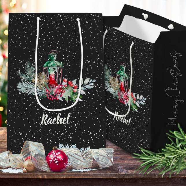 Falling Snow Watercolor Foliage Merry Christmas Medium Gift Bag (Creator Uploaded)