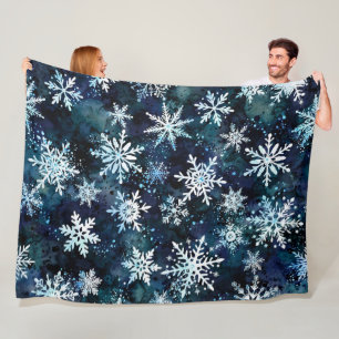 Falling Snowflakes Deep Blue Magical Winter Night Fleece Blanket