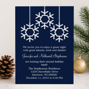 Falling Snowflakes Holiday Party Invite, Dark Blue Invitation