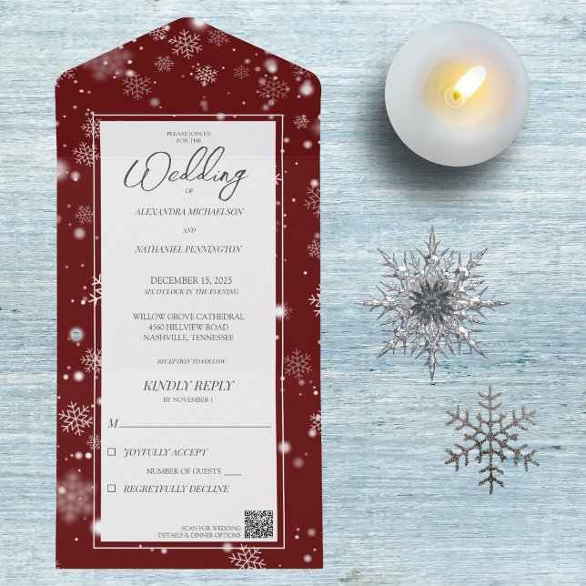 Falling Snowflakes on Deep Red with QR Code  All In One Invitation (Creator Uploaded)