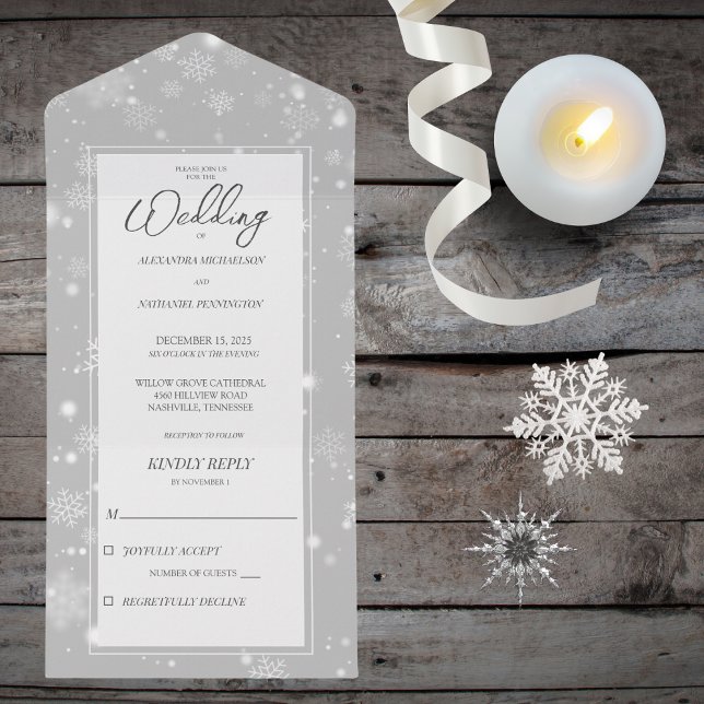 Falling Snowflakes on Grey All In One Invitation (Available with QR code. )