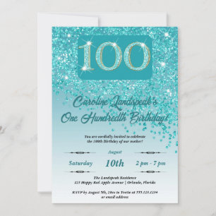 Falling Teal Blue Glitter 100th Birthday Party Invitation
