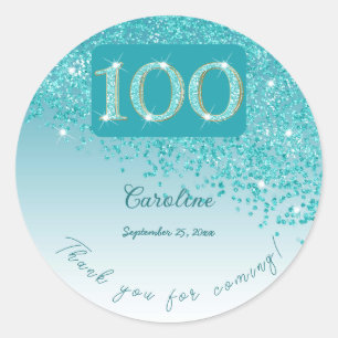 Falling Teal Blue Glitter, 100th Birthday Thanks Classic Round Sticker