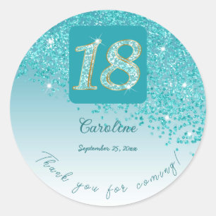 Falling Teal Blue Glitter, 18th Birthday Thanks Classic Round Sticker