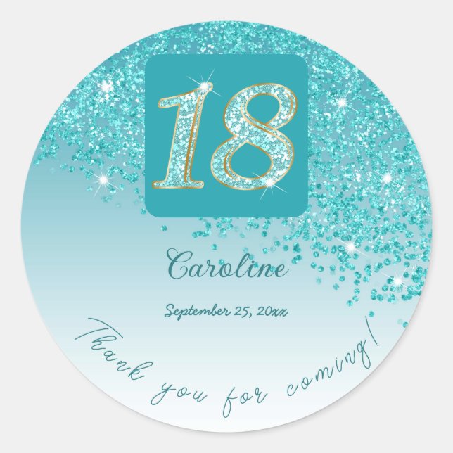 Falling Teal Blue Glitter, 18th Birthday Thanks Classic Round Sticker (Front)