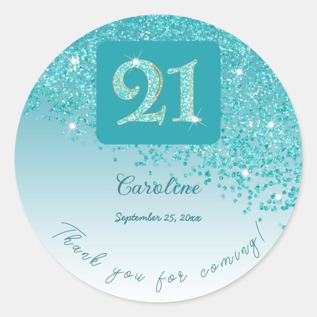 Falling Teal Blue Glitter, 21st Birthday Thanks Classic Round Sticker (Front)