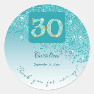 Falling Teal Blue Glitter, 30th Birthday Thanks Classic Round Sticker