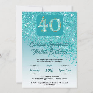 Falling Teal Blue Glitter 40th Birthday Party Invitation