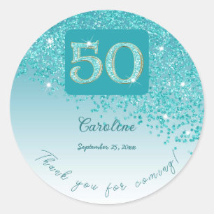 Falling Teal Blue Glitter, 50th Birthday Thanks Classic Round Sticker