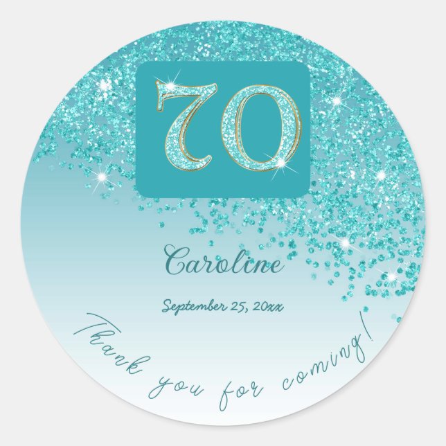 Falling Teal Blue Glitter, 70th Birthday Thanks Classic Round Sticker (Front)