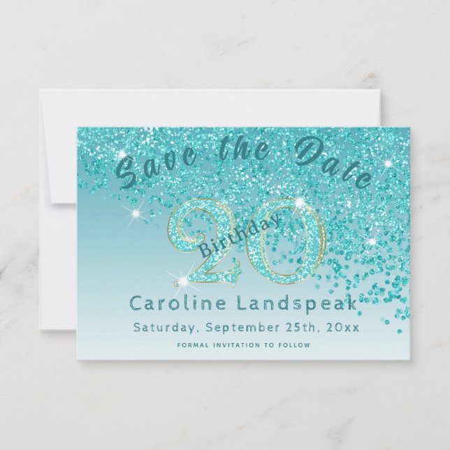 Falling Teal Blue Glitter for 20th Birthday Save The Date (Front)
