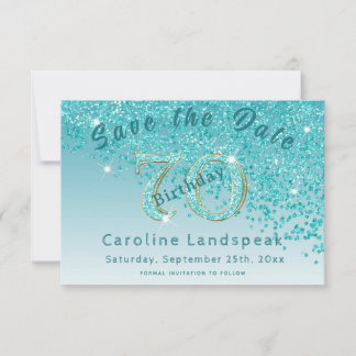 Falling Teal Blue Glitter for 70th Birthday Save The Date