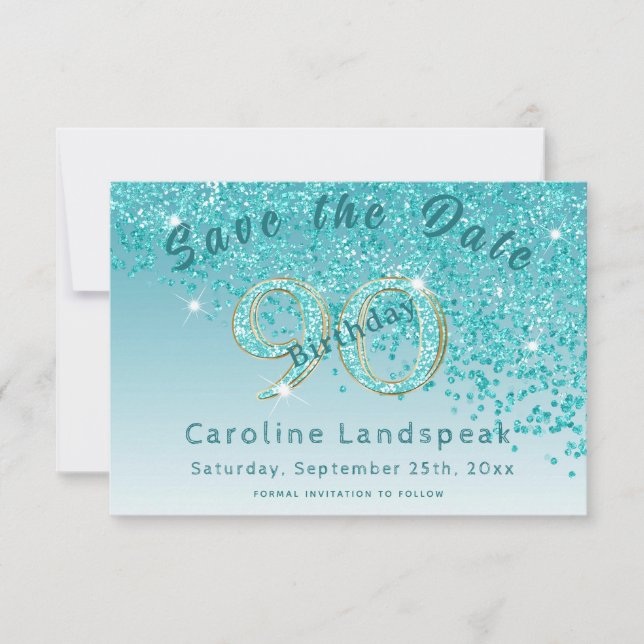 Falling Teal Blue Glitter for 90th Birthday Save The Date (Front)