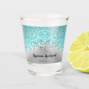 Falling Teal Blue Glitter & Silver Retirement Shot Glass