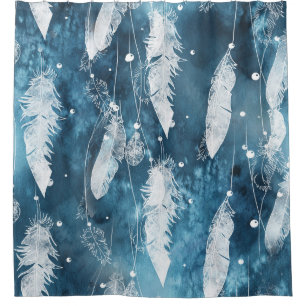 Falling white feathers, blue watercolor.