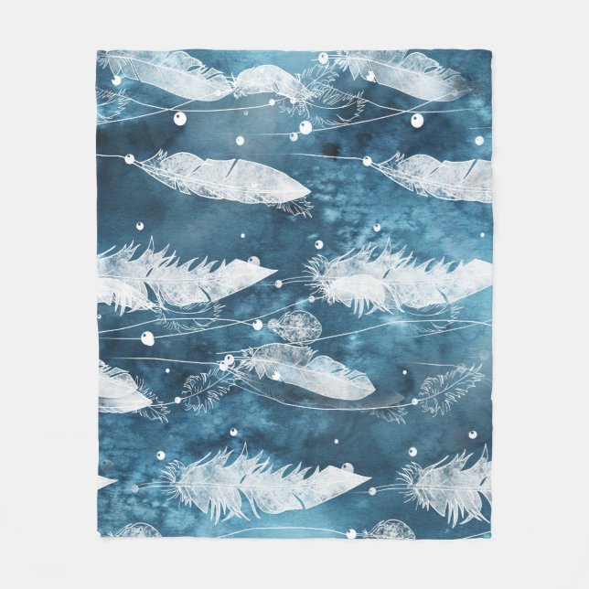 Falling white feathers, blue watercolor. fleece blanket (Front)